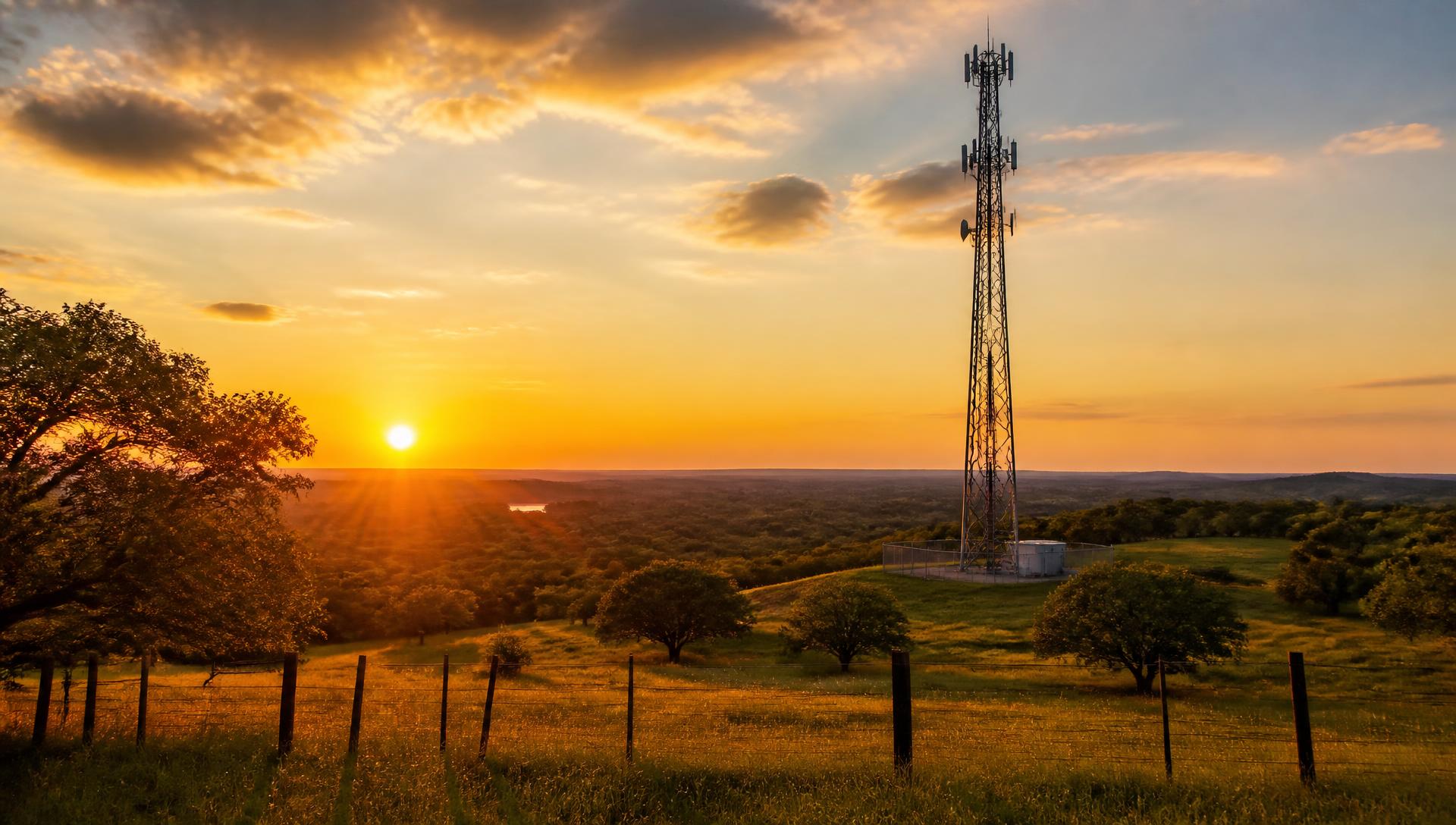 Broadband tower on a Central Texas ranch at sunset